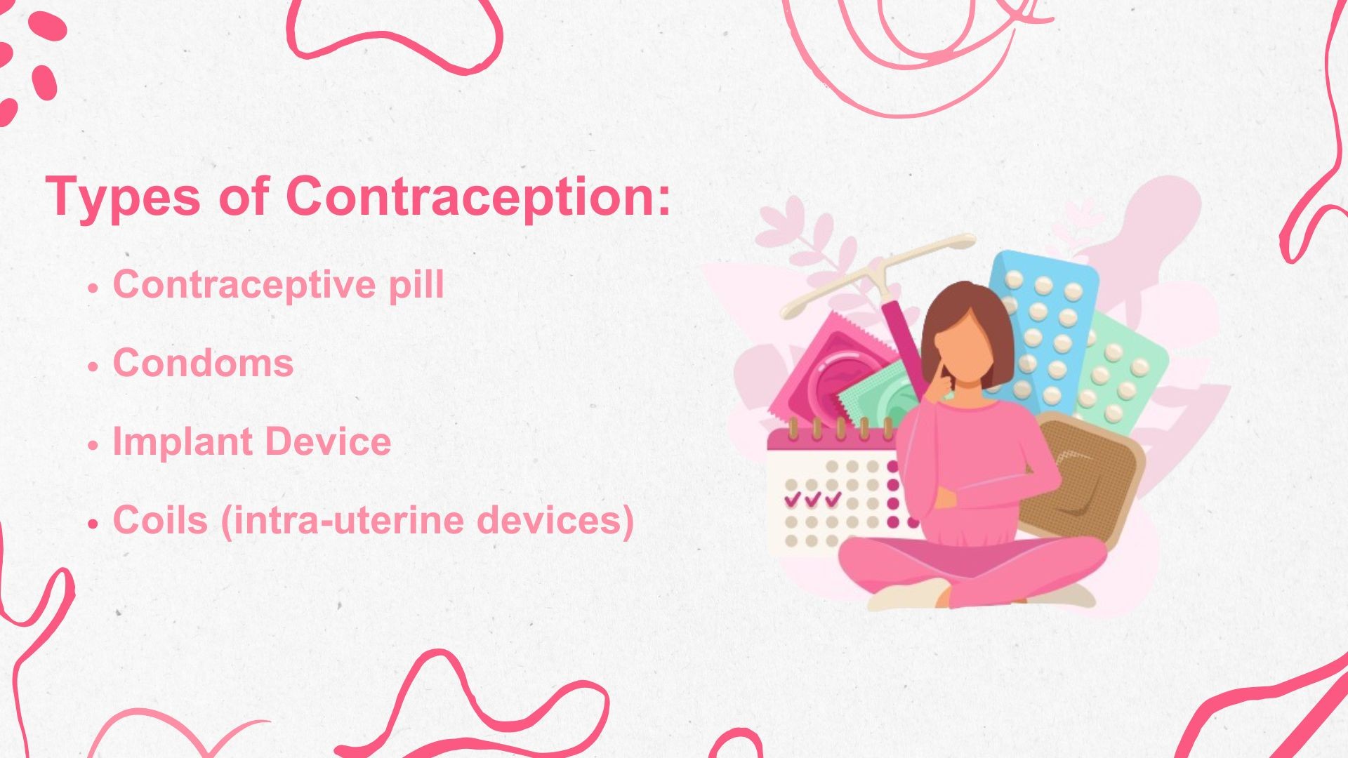 Types of Contraception- Contraceptive pills, Condoms, Implant Device and Coil (intrauterine devices)
